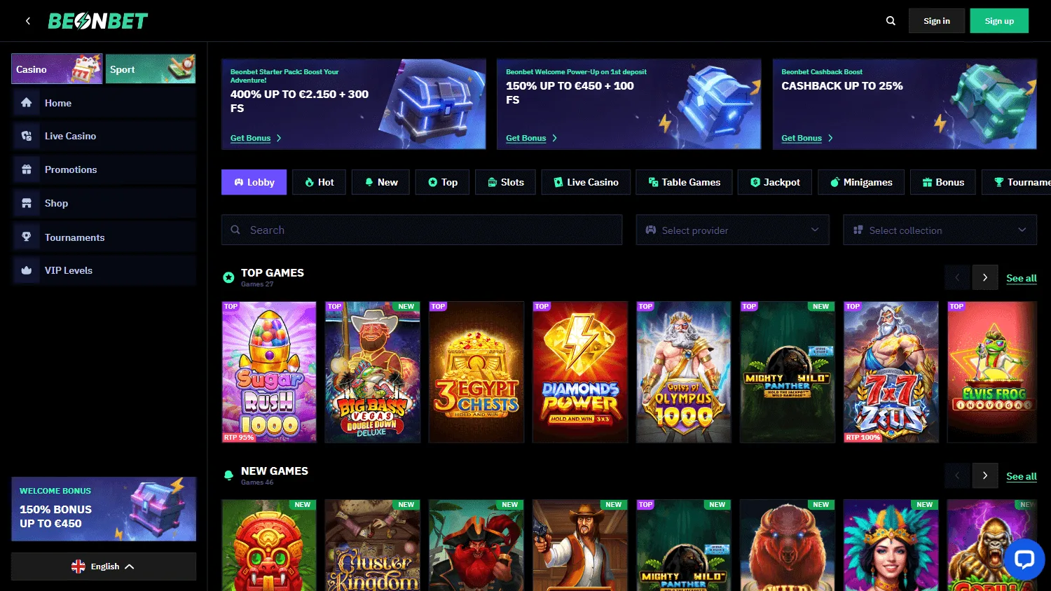 Beonbet Casino homepage on desktop