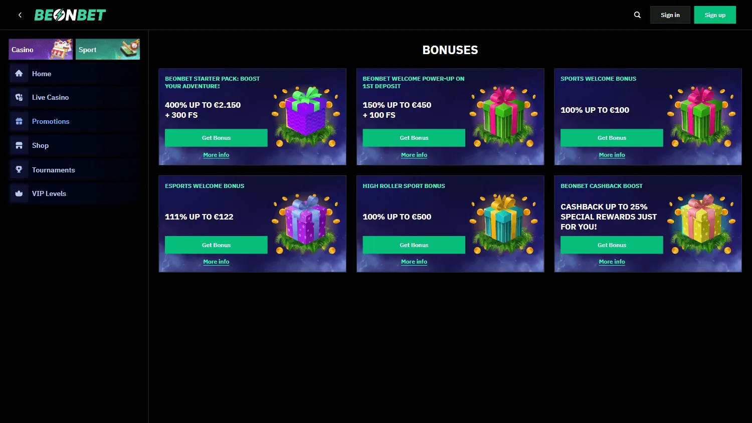 Beonbet Casino promotions area on desktop