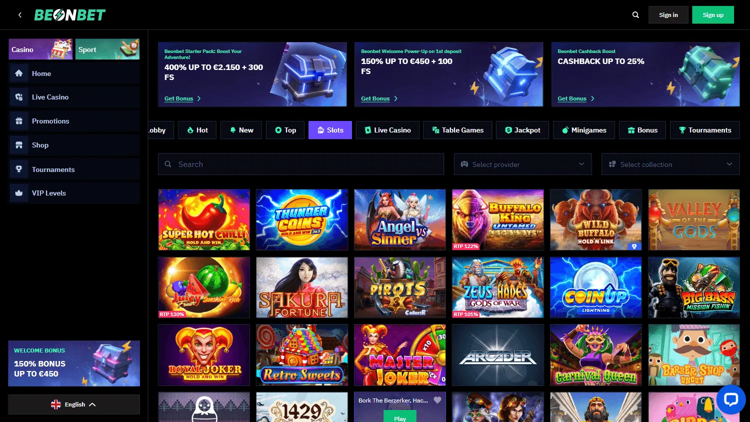 Beonbet Casino games lobby on desktop
